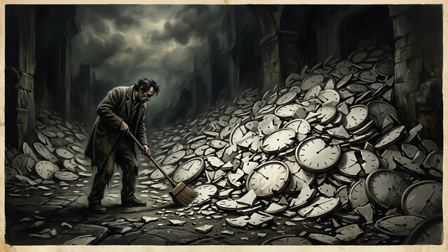 Man Sweeping Broken Clocks in Ruined Alley for Time and Burnout Concepts