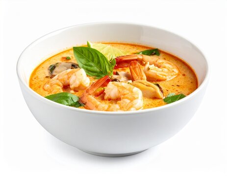 traditional spicy thai tomyum prawn soup in a white bowl
