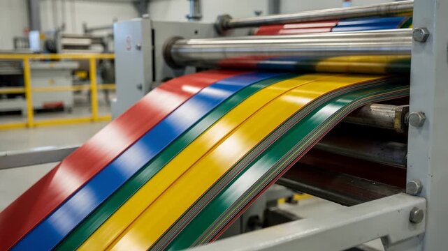 Medium shot of colored laminated plastic sheets emerging from an industrial extruder showcasing vibrant hues and precise manufacturing in a modern production facility.