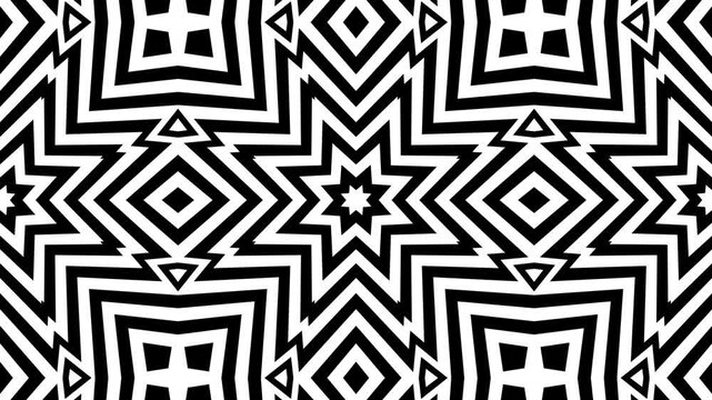 Kaleidoscope symmetrical stars and zigzags. Bold black and white geometric pattern. hypnotic visual rhythm.