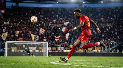 Naklejka premium Professional striker kicking a ball during an intense night match