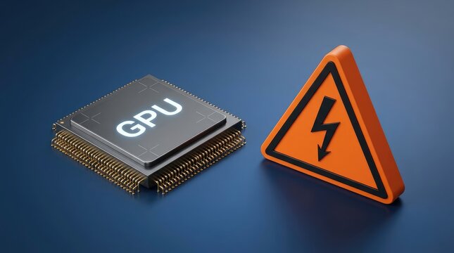 High performance gpu processor chip featuring glowing text next to a bright orange triangular sign with a black lightning bolt