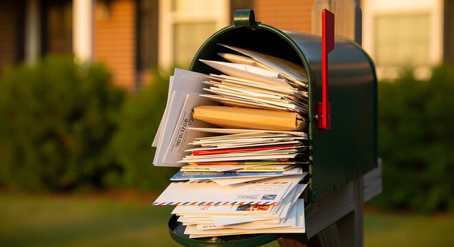 Mailbox overflowing with various envelopes and letters standing in a residential neighborhood garden during the warm golden hour sunlight