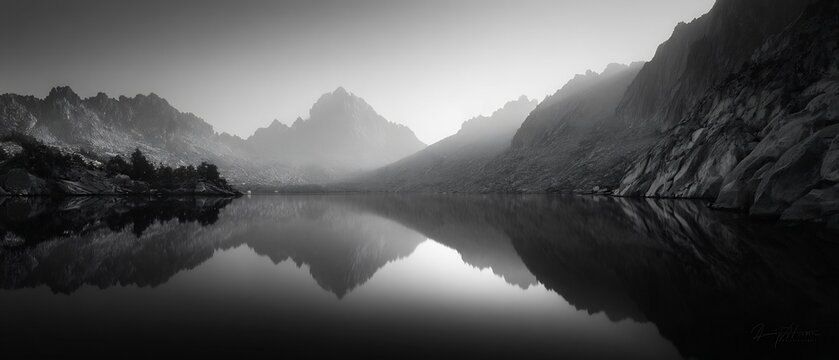 Calm serene lake twilight reflecting majesty of rugged mountain landscape misty monochrome color expansive sky above dramatic sense of depth achieved employing low angle camera placement commercial
