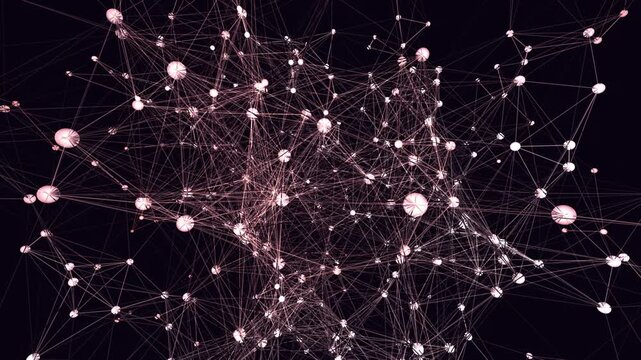 Hypnotic seamless loop of a glowing glass neural network of sphere nodes firing and connecting in a seamless plexus with cinematic depth. Ideal for abstract background, science background. 4K UHD.