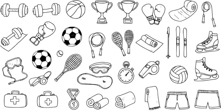 Hand-drawn sports equipment doodle icon set. Vector collection of black and white fitness and athletic competition items.
