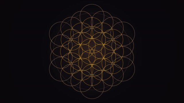 Cinematic 4K seamless loop of a glowing orange flower of life sacred-geometry pattern breathing in radial symmetry drifting in hypnotic slow motion. Ideal for healing, sound bath. 4K UHD.