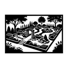 Obraz premium black and white papercut style garden landscape illustration with trees and paths