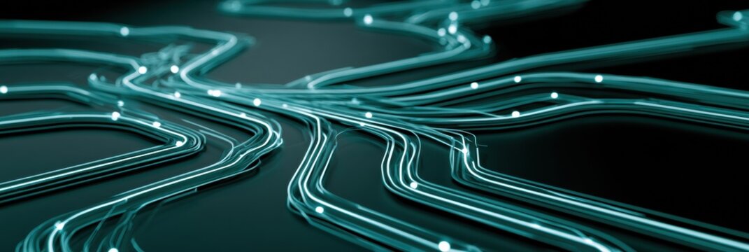 A digital twin displays a supply chain network evaluating different routing scenarios with glowing teal pathways on a dark background.