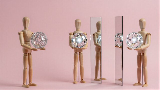 Wooden dolls hold diamonds, mirrors reflect their growing brilliance against pink backdrop.