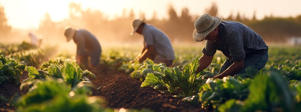 Rustic small town farmer harvesting fresh organic vegetable sunny farm mid morning warm sunlit condition wide angle camera shot showing full scene shallow depth of field subject face casual mood