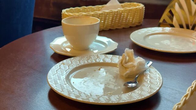 Empty coffee cup on saucer among empty plates and wicker basket, spoon with crumbs, close-up of ceramic tableware on wooden table