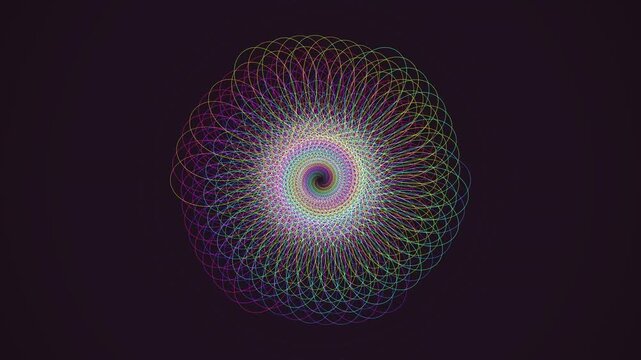 Cinematic 4K seamless loop of a glowing pink spirograph sacred-geometry pattern breathing in radial symmetry in rich volumetric light. Ideal for meditation background, yoga. 4K UHD.