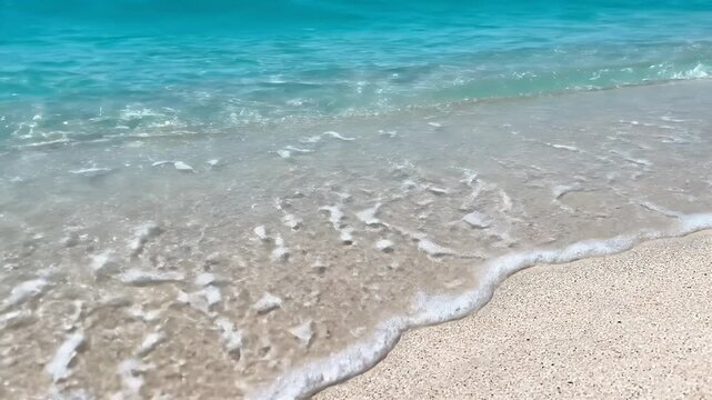 Bright turquoise ocean waves gently washing onto pristine white sandy beach with foamy shoreline