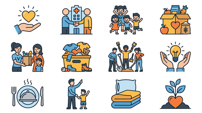Charity Icons Set: Helping Hands, Food, Clothes, Community, Donation