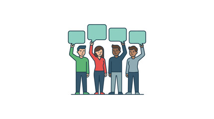 Diverse group holding speech bubbles for communication or protest © Azrha