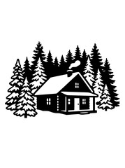 Fototapeta premium Log Cabin in Pine Forest Stencil Vector Art