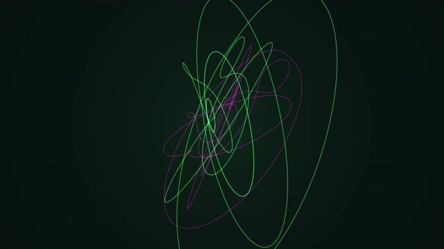 Abstract 4K UHD loop featuring a glowing emerald gyroscope morphing through an abstract topology field drifting in hypnotic slow motion. Ideal for science background, sound bath. 4K UHD.