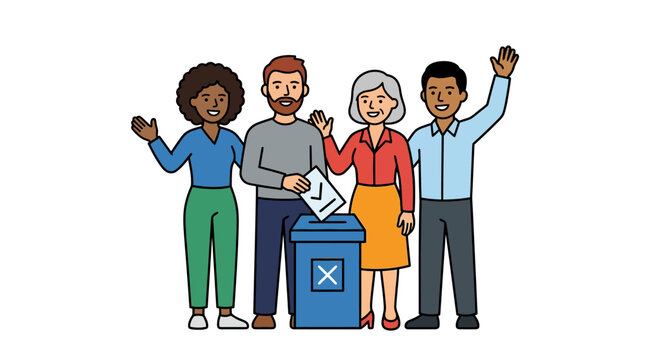 Diverse Group Waving at Voting Booth Election Day