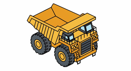 Isometric illustration of a large yellow mining dump truck, a heavy-duty vehicle for transporting materials. © Agus