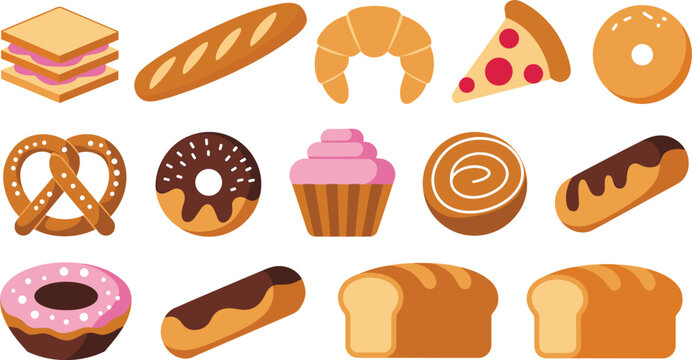 Bakery and pastry food icons set featuring fresh bread baguette croissant pizza pretzel donuts cupcake eclair and sandwich flat vector illustration design.