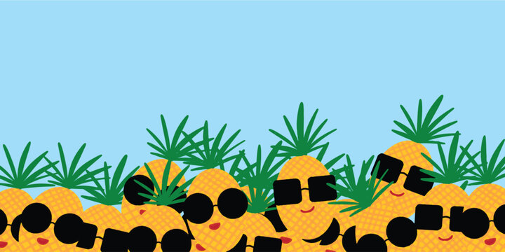 Cute Funny Summer Beach Background Illustration with Cartoon Pineapples Wearing Sunglasses Surrounded by Tropical Green Plants and Bright Blue Sky Vi