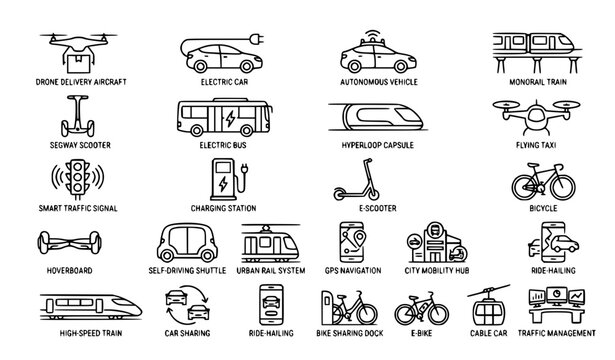 Future Smart City Transportation Outline Icon Set with Electric Vehicles, Autonomous Cars, Hyperloop, Drone Delivery, Eco Mobility, and Ride Hailing Vector Templates