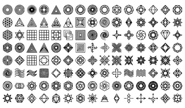 Sacred Geometry Mega Icon Set with Abstract Line Art Symbols, Minimalist Geometric Mandalas, Spiritual Totems, and Intricate Graphic Design Elements