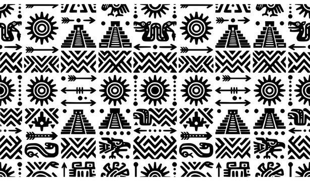 Aztec Seamless Pattern with Mayan Pyramids, Ancient Mexican Tribal Symbols, Feathered Serpents, and Indigenous Geometric Line Art Textures