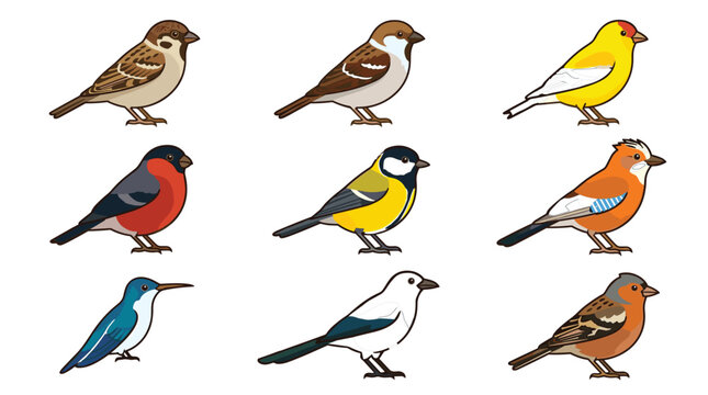Small garden birds collection set featuring sparrow bullfinch titmouse finch magpie kingfisher colorful wild avian vectors isolated on white background