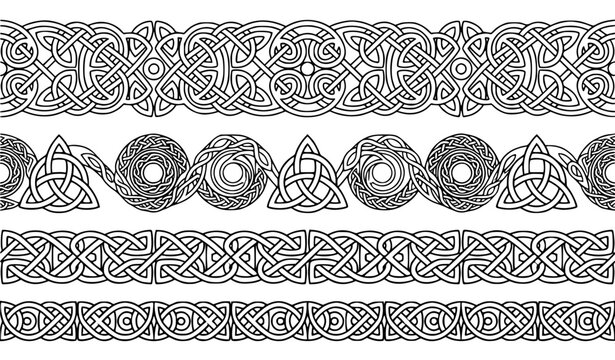 Celtic Knot Seamless Borders Collection with Traditional Irish Interlacing Patterns and Triquetra Symbols for Frames, Edges, and Vintage Graphic Designs