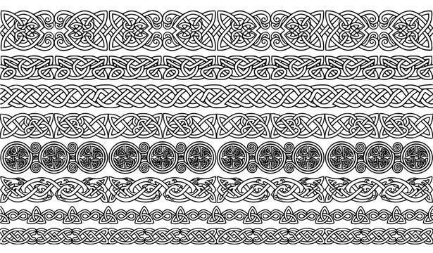 Celtic Knot Seamless Border Pattern Set with Traditional Irish Interlace Ornaments Infinite Ribbons and Viking Knots Line Art Vectors (21 words)