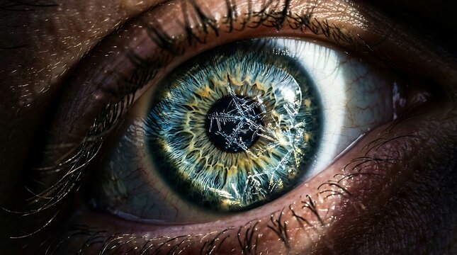 Extreme macro of human eye with intricate iris and snowflake pattern