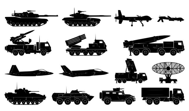 Military Vehicles and Air Force Silhouette Set with Tanks Fighter Jets Drones Rocket Launchers Radar Systems and Armored Trucks for Warfare Concept (22 words)