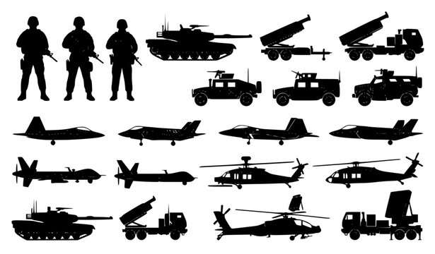Military and Army Silhouette Set with Soldiers Tanks Fighter Jets Helicopters Drones Rocket Launchers and Radar Vehicles for Warfare Concept (21 words