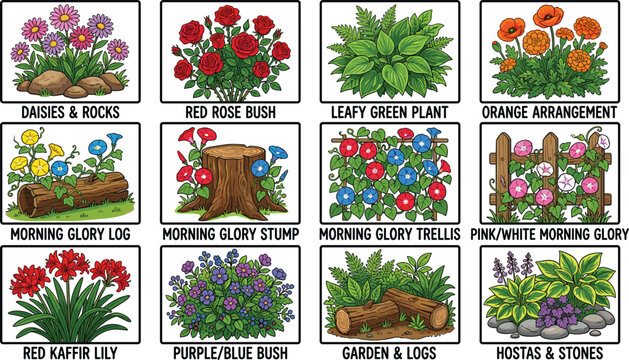 Garden plants and flowers cartoon collection set containing roses daisies morning glory hostas clumping vector illustrations isolated on white background