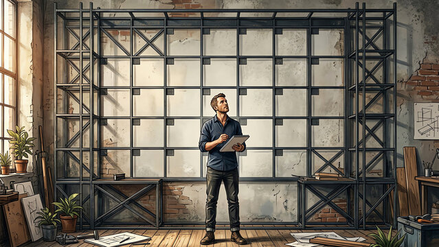 Entrepreneur Planning Industrial Loft Renovation with Shelving Plans