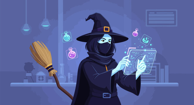 Modern Witch Illustration: Female Sorceress Using Futuristic Holographic Digital Interface in Alchemy Lab