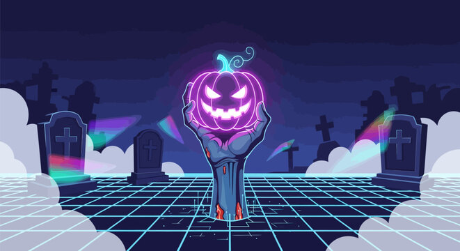 Retro Synthwave Halloween Illustration with Neon Jack-o'-Lantern and Zombie Hand in a Spooky Graveyard