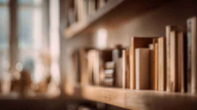 Blurred view of a modern home library with dark wooden bookshelves filled with books and green plants.