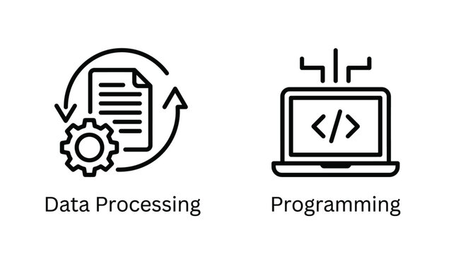 Black line icons of data processing and programming Vector, illustration