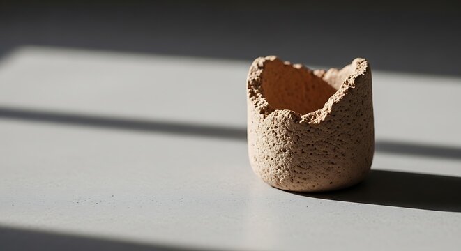 Broken eggshell on white surface.
