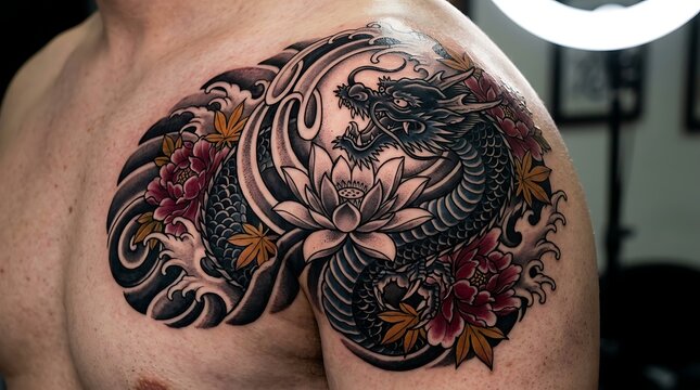 Large japanese dragon tattoo with lotus and peonies on chest