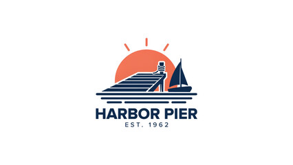 Naklejka premium Surfer silhouette riding waves at sunset on harbor pier Vector