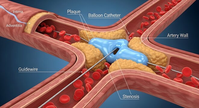 Medical illustration of balloon catheter angioplasty in an artery