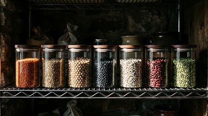 Assorted dried legumes in glass jars on a metal pantry shelf