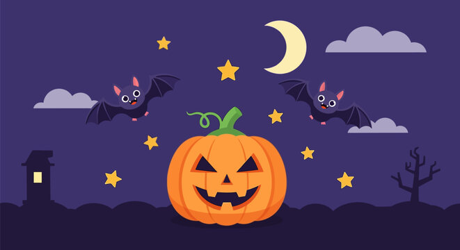 Cute Halloween Illustration with Jack-o'-Lantern, Flying Bats, Moon and Stars in a Spooky Night Sky Vector Art