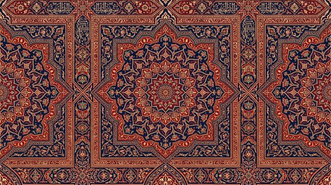 Luxury arabic carpet pattern with rich red and blue traditional motifs geometric ornament seamless traditional