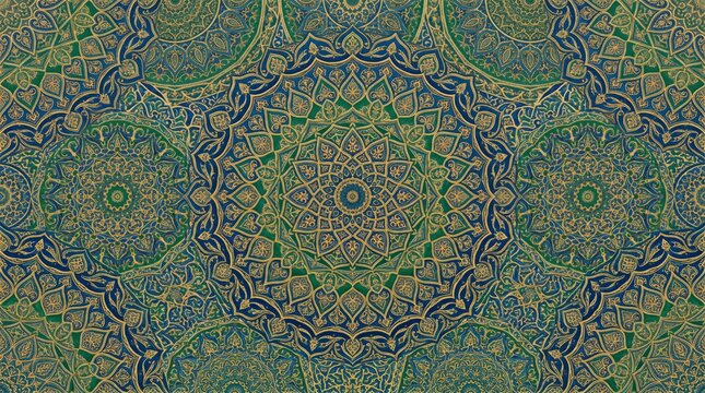 Luxury arabic carpet pattern representing green traditional ethnic textile artistry with geometric ornament seamless
