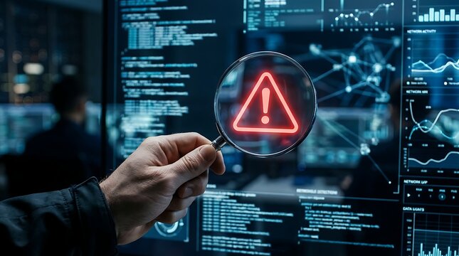 IT security professional using magnifying glass to identify critical system vulnerability and red warning alert on complex network coding dashboard interface